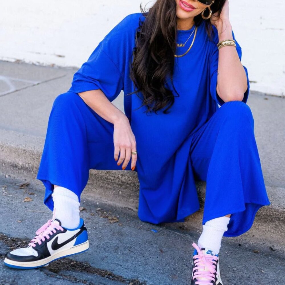 Dressed in LALA Lex Ribbed Playsuit Royal Blue XL Matching Set Top Pants Shirt